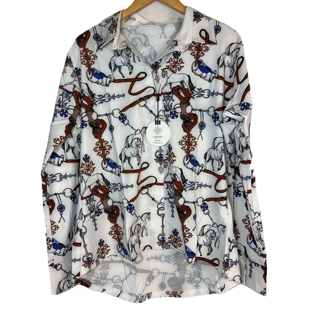 Womens Espoir Equestrian Wear White Horse Print Button Down NWT Size 2XL